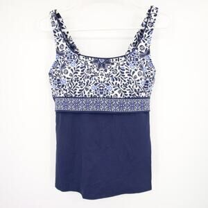 NWOT Navy Blue White Pattern Underwire Tankini Swim Top Scoop Neck Size 8